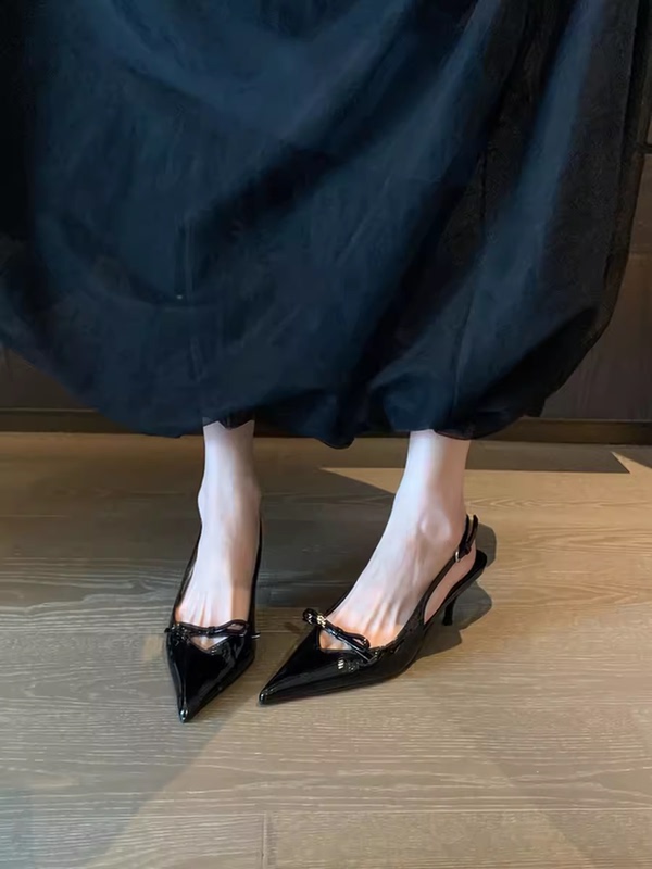Trendy! Women's High-Heeled Closed-Toe Sandals 2026 New Style with Bow, Black Pointed Toe, Stiletto Heel, Open-Back, Elegant Shoes