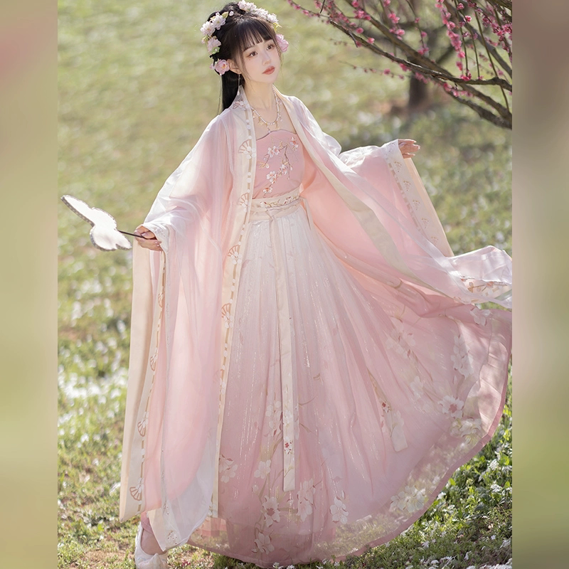 Original Hanfu Song Dynasty Style Yao Tai Gradient Embroidered Large-Sleeve Shirt with Waist-Length Pleated Skirt and One-Piece Suspender Dress, Chinese Style Women's Clothing