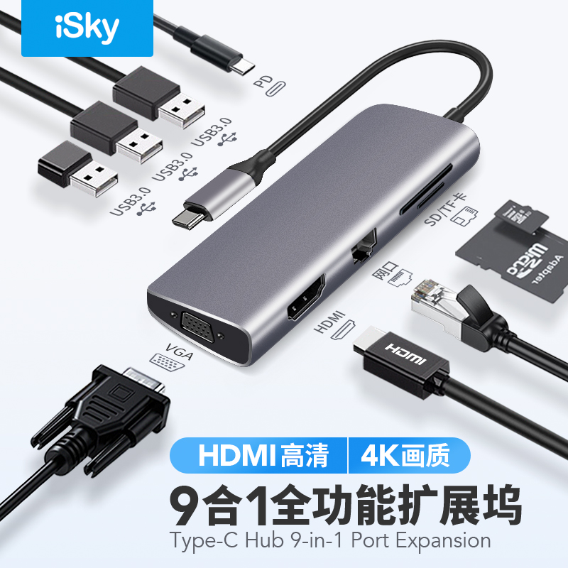 iSky Apple Macbook Converter TypeC to HDMI Notebook Extension Dock HDMI Screen for Apple Huawei Xiaomi HP Dell Notebook