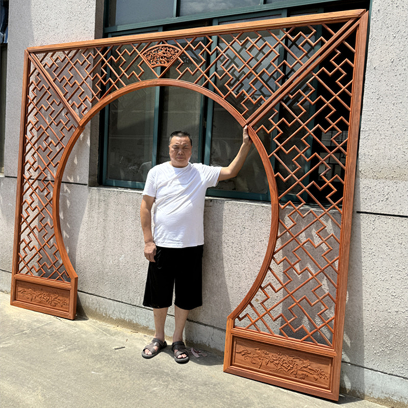 Yixinge New Chinoiserie Arch Moon Door Solid Wood Flower Grids Antique Moon Cave Door Ancient Shelf Living Room Round Door Partition