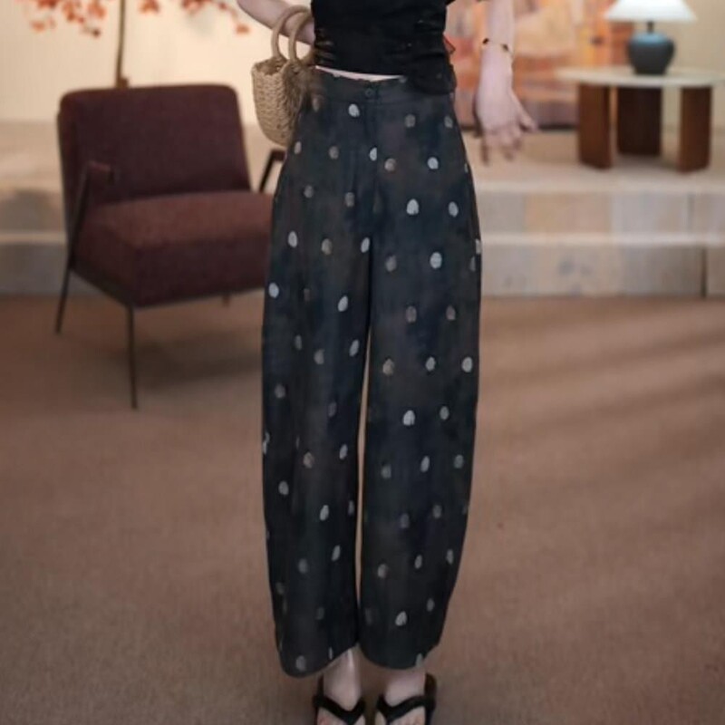 High-Waisted Polka Dot Straight-Leg Pants for Women, Trendy This Year, Summer Casual Cropped Balloon Pants, Slimming and Versatile Design Pants