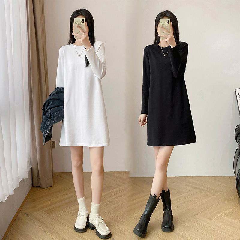 New Spring, Autumn, and Winter Knitted Long-Sleeve T-Shirt Dress for Petite Women, Loose Mid-Length Brushed Thickened Base Dress