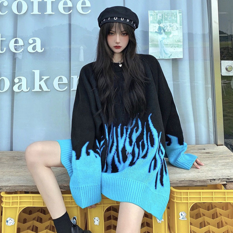 Warm Cardigan Autumn and Winter New Style Loose Oversized Hip-Hop Cool Flame Sweater Knitwear Korean Style Top for Men and Women ins