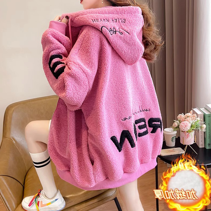 Fleece-Lined Thick Hooded Cardigan Teddy Fleece Sweatshirt for Women, Winter Lazy Style Faux Lamb Wool Loose Mid-Length Coat