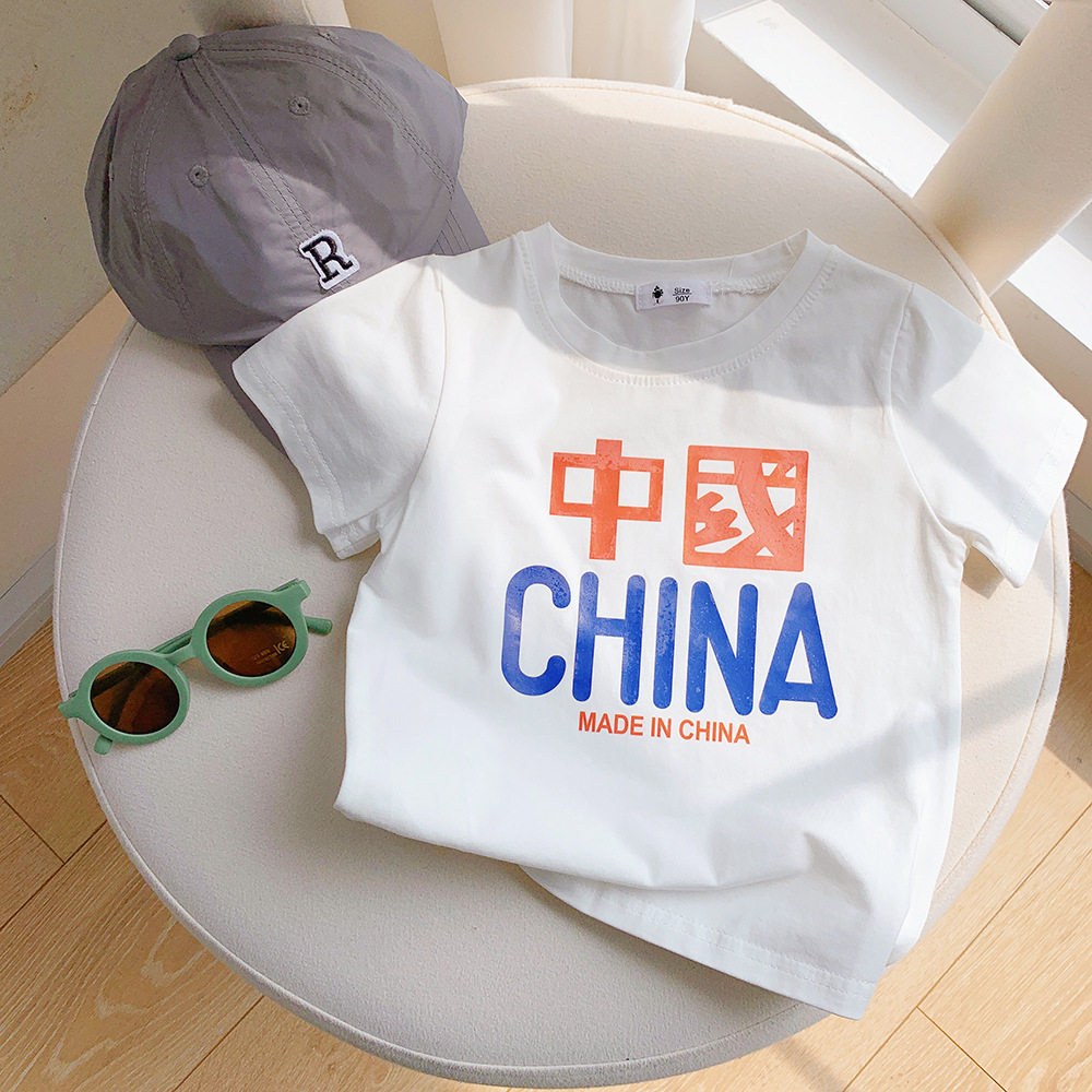 Girls short sleeve t-shirt cotton national tide Chinese boy foreign school children half sleeve baby T shirt white top T-shirt summer