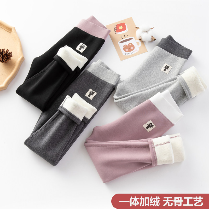 Girls' fleece inner pants autumn and winter children's thickened outer wear foreign style warm pants baby cotton one-piece fleece pants