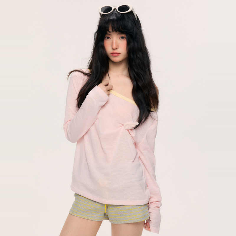 Lame Lab Color-Blocked Blouse, Leisurely Summer Style, Wing Pin, Pink Stripes, Large Neckline, Loose and Slightly See-Through T-Shirt