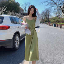Avocado green acetate satin suspender dress womens summer 2021 new high-end sense with black French long skirt