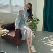 Lace stitching suspender dress female spring and autumn 2021 new plaid light cooked wind super fairy fishtail long skirt two-piece set