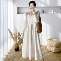 Broken flower harnesses one-piece dress Two suits womens summer 2022 new French style first love little fresh inside a base long dress