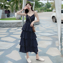 Polka dot chiffon suspender dress female spring and autumn 2021 new temperament inner tie bottoming net red holiday cake long skirt