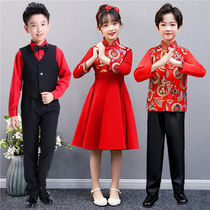 New Years Day Childrens Hei Gyeong performed a girl plus velvet Tang Costume Chorus Dance Show Flower Boy Gown China Wind Guzheng