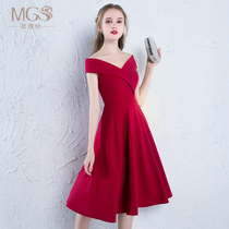 Bride toast 2021 new red long shoulder wedding party evening dress dress women Autumn