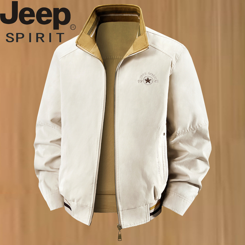 Jeep Reversible Pure Cotton Jacket for Men, Autumn Loose Fit, Large Size, American Casual Versatile Stand Collar Jacket for Men