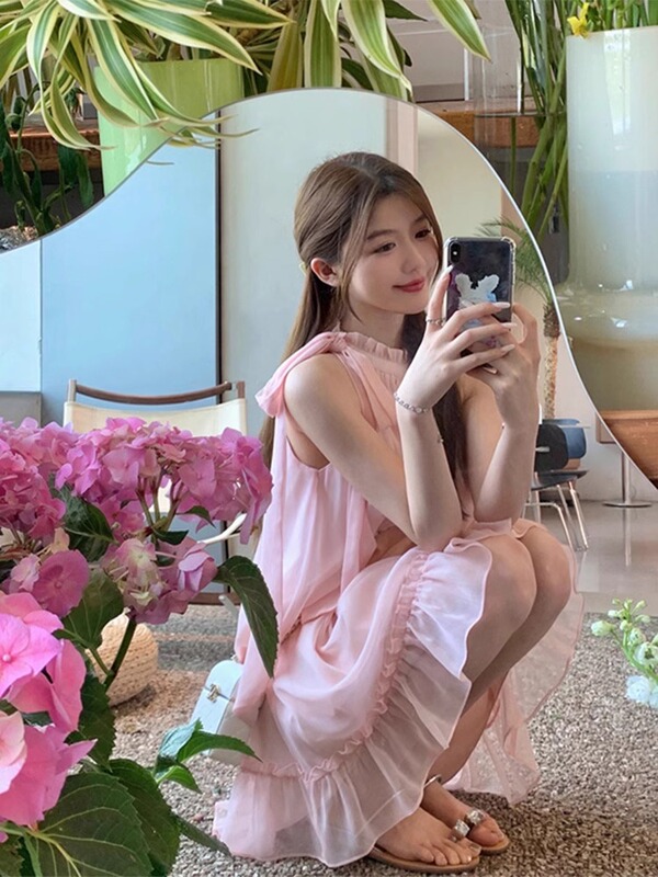 2026 Summer New Pure Desire Style Pink Dress for Women, Gentle and Sweet Sleeveless Loose Waist Elegant Short Skirt