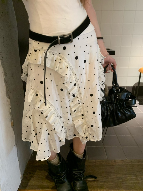 Sweet Puppy-Style Irregular Ruffle Polka Dot Skirt for Women, New Spring/Summer Versatile A-Line Midi Skirt