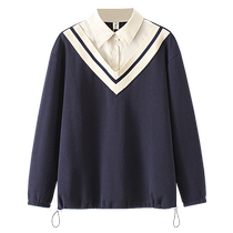 Fat mm shirt collar sweatshirt 2022 new extra large size autumn womens loose and slim Korean style fake two-piece top jacket