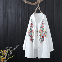 Retro ethnic embroidery long sleeve stand neck shirt womens autumn New loose cotton linen shirt medium long cardigan