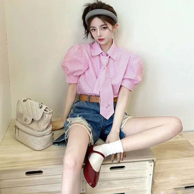 College Style Tie Pink Striped Shirt for Women Summer Unique Design Niche Shirt Short Sleeve Puff Sleeve Top