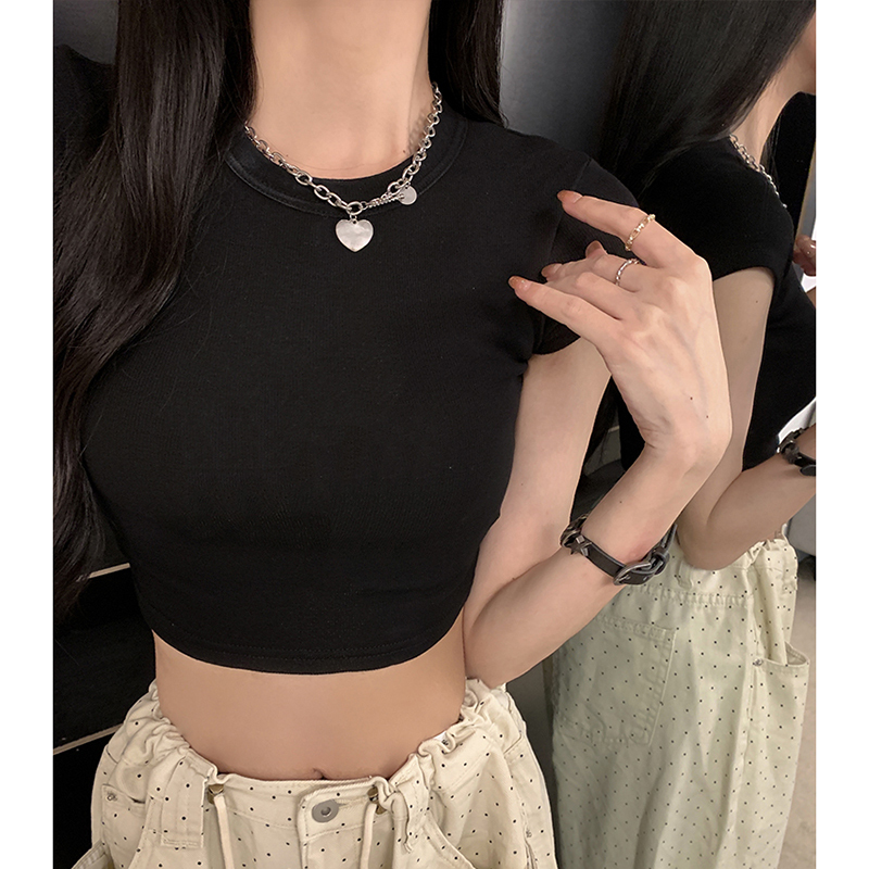 Mosesqueen American-Style Cropped Short-Sleeve T-Shirt for Women, Summer Short Slim-Fit Regular Shoulder Half-Sleeve Top