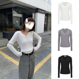 MosesQueen魔西女王基础款V领学院风长袖麻花毛衣修身针织上衣