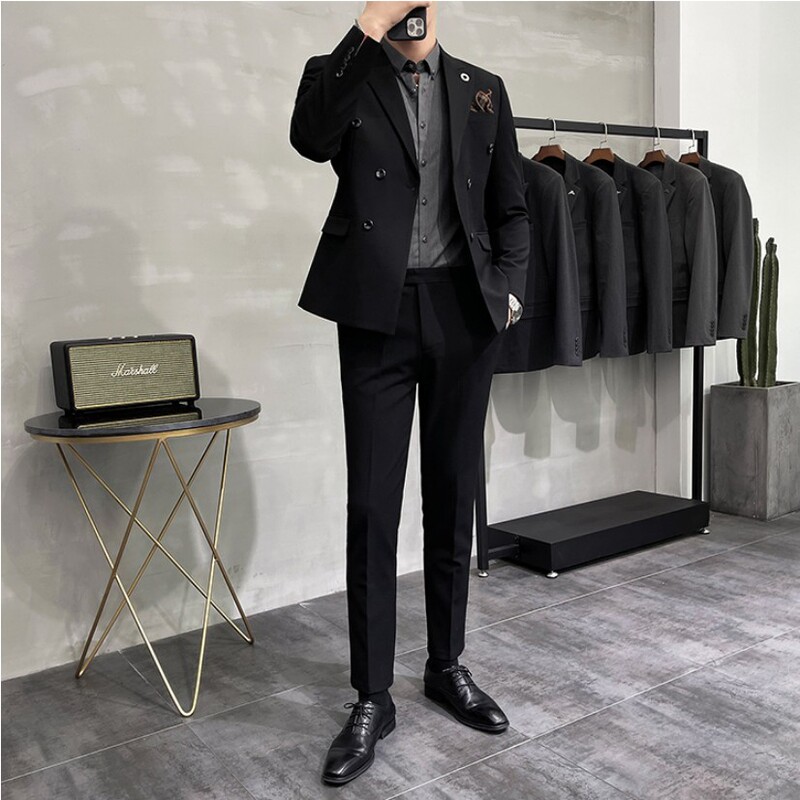 Summer Handsome Double-Breasted Casual Blazer Men's Korean Style Slim-Fit Suit Groom Wedding Dress