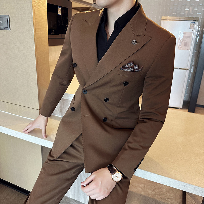 Spring Double-Breasted Caramel-Colored Suit Set for Men, Korean Style Slim Fit, Cool and Stylish, High-End Small Suit Jacket, Casual