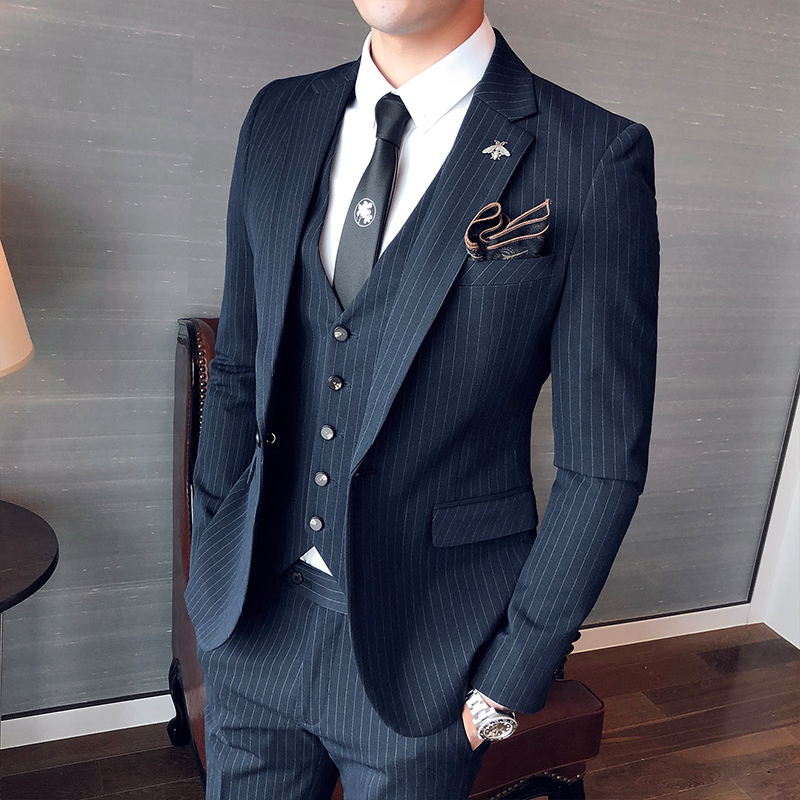 Blue Striped Suit Set for Men, British Style Slim Fit Casual Korean Style Suit Jacket Formal Groom Wedding Attire