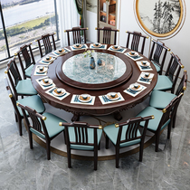 New Chinese solid wood dining table and chairs Composition 10 people with rock plate turntable Home hotel Hotel Round Table 1 8 m