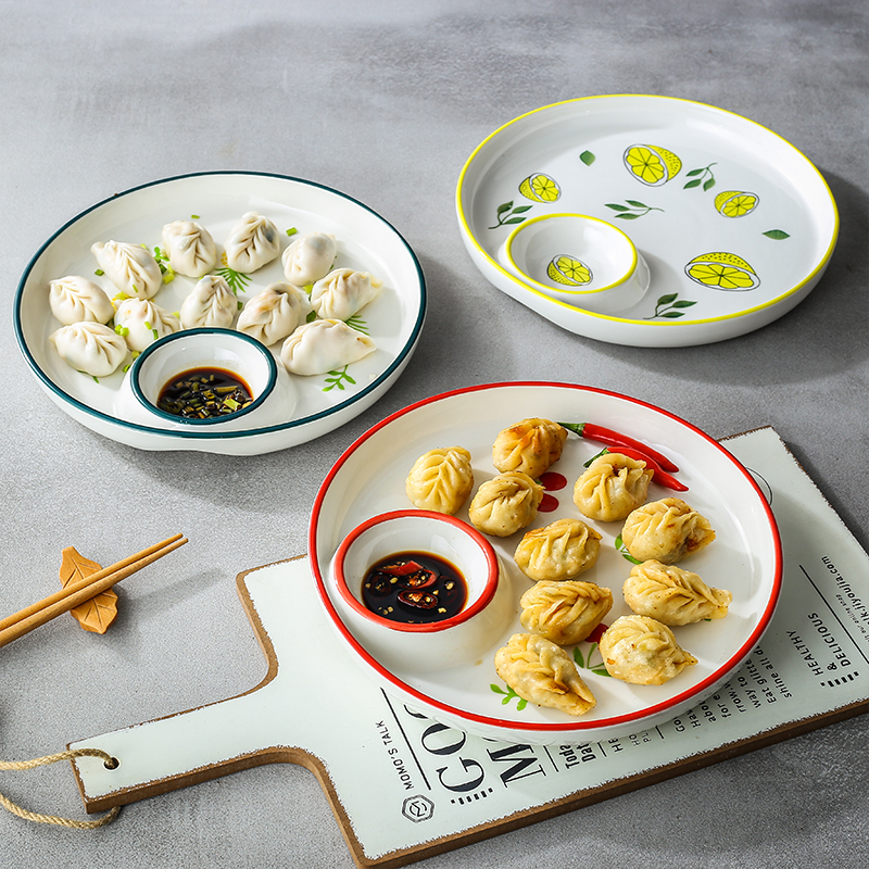 Ceramic Dumpling Plate Dip Dumpling Plate Home Breakfast Divided with Vinegar Plate Snacks French Fries Shrimp Plate Japanese Sushi Plate