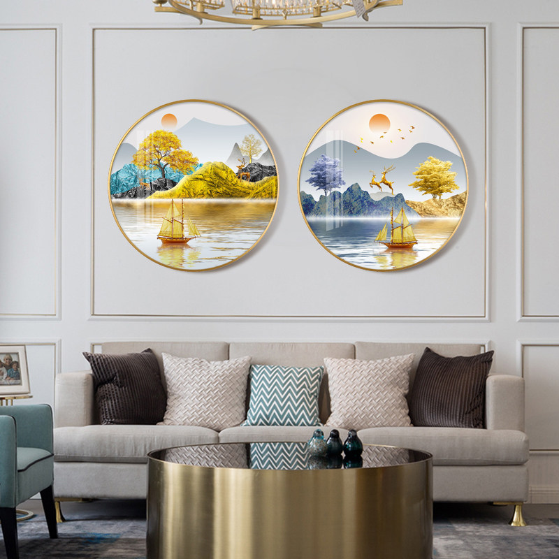 Simple and light luxury entrance hall hanging painting atmosphere circular decorative painting diamond-encrusted new Chinese style living room landscape aisle mural