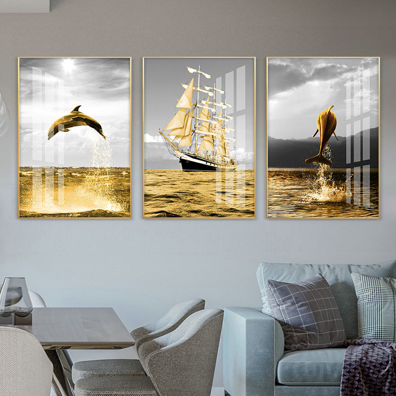 New Chinese Living Room Sofa Background Wall Decoration Painting Modern Minimalist Foru Book House Dining Room Porpoise Triptych