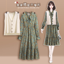 Broken Flowers One-piece Dress Chubby Sister Big Code Womens Fall 2022 New Display Slim Knit Horse Chia Snowspun Skirt Suit