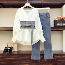 Big Code Womens Clothing Fall 2022 New Fat Sister Slimmer And Slim Suit Trendy Ocean Gas Jeans Two Sets