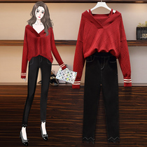 Big Code Womens Clothing Fall 2022 New Fat Sister Shows Slim Heart Machine Suit Jeans Slimmer and Ocean Gas Two Sets