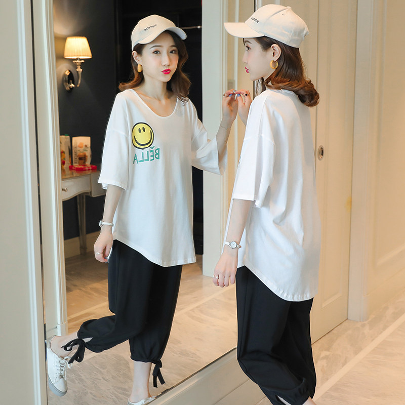 Pregnant women's summer suit summer tide hot mom personality small fragrant wind two-piece loose top casual outing fashion