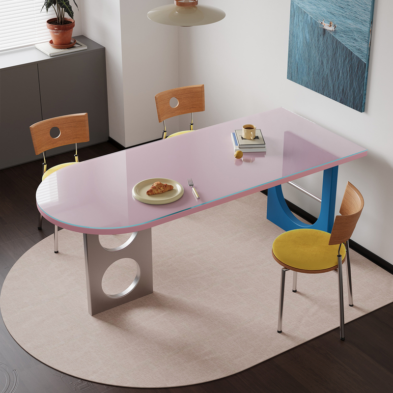 Dopamine Solid Wood Dining Table for Home Use, Semi-Elliptical, Wall-Mounted, Bauhaus Stained Glass Dining Table, Small Apartment Pink Table