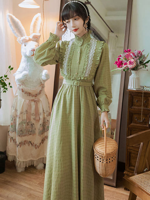 Autumn women's clothing French design sense niche retro stand-up collar waist dress can be salty or sweet gentle wind long skirt
