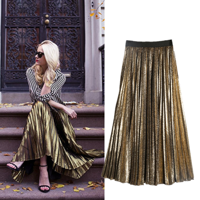 European and American Celebrity Style Metallic Pleated Skirt, Mid-Length Women's Gold Brushed Pleated High-Waisted Long Skirt