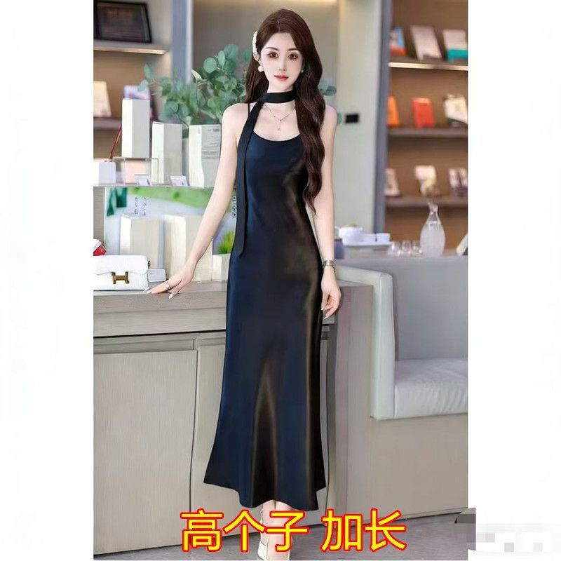 Double-Sided Acetate Gold-Embellished Satin Black Spaghetti Strap Dress for Women, New Summer Style, Ankle-Length Design