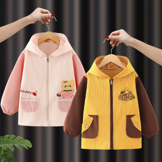 灯芯绒宝宝围兜女孩长袖儿童罩衣防水防脏外套羽绒服男孩护衣围裙