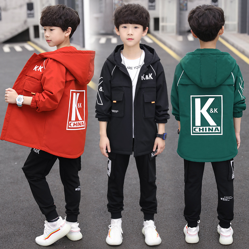 Boys spring suit 2021 new middle-aged children's sports boy mid-length windbreaker jacket casual pants two-piece set