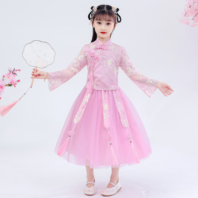 Hanfu girl Spring loaded with Chinese wind long sleeves Two sets of Tang Pink Gufeng Children Ancient Dress Super Fairy Spring Costume Super Fairy
