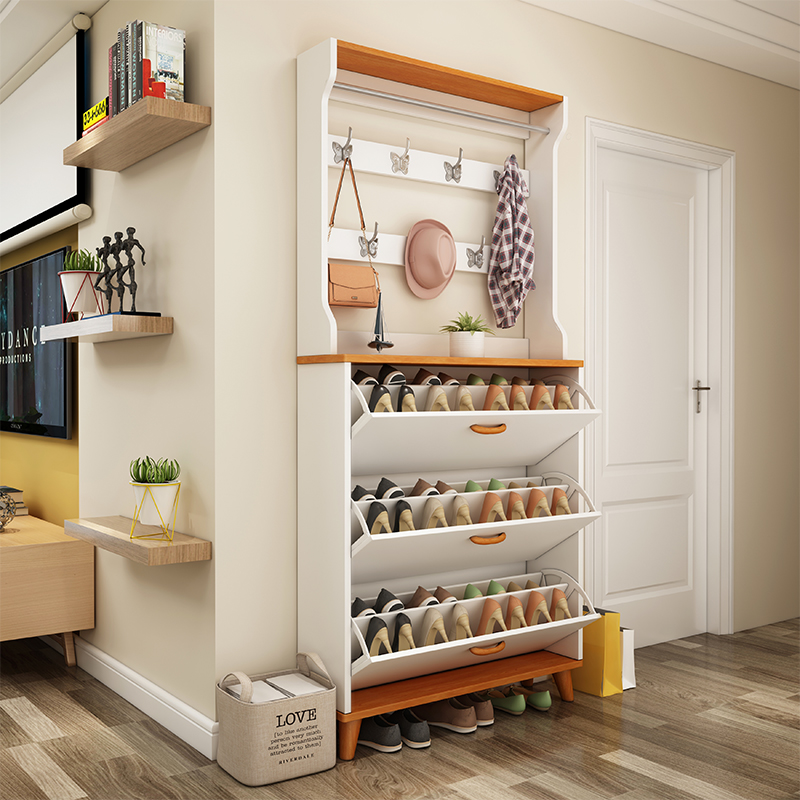 Entrance door ultra-thin dump shoe cabinet Household entrance cabinet Large capacity with coat rack storage solid wood legs Simple and modern