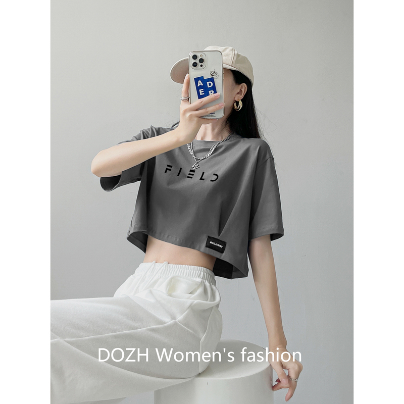 Summer Loose Short T-Shirt for Women, Short-Sleeved, Crop Top, Irregular, Niche, with Letter Patches, Street Style, Hot Girl, Pure Cotton Top
