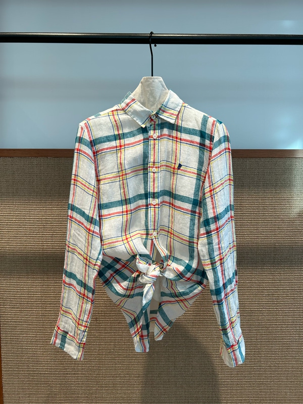 Rl Embroidered 100% Linen Plaid Long-Sleeved Shirt for Women, Loose Casual Versatile Top, New Summer Style