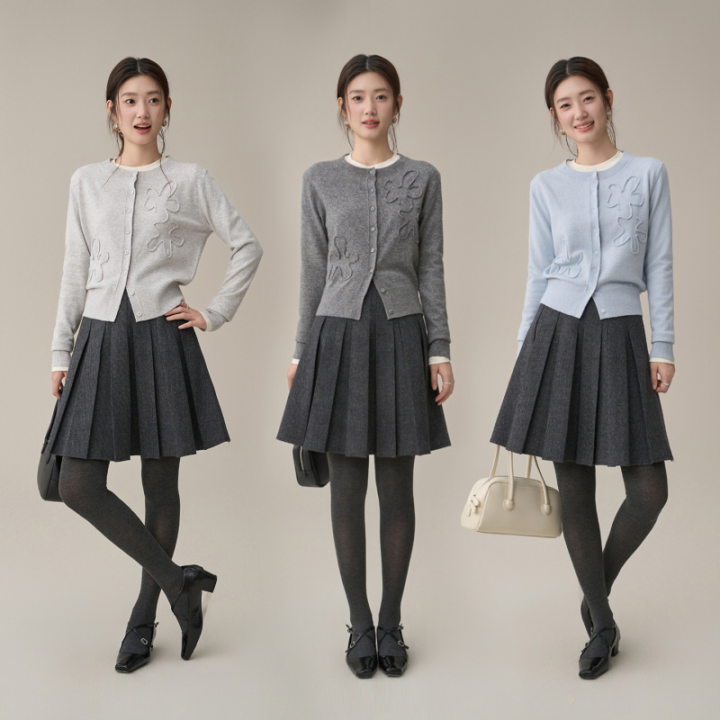 Limoonli Fresh Light Blue Medium Gray Light Gray Knitted Cardigan Round Neck with Three-Dimensional Flower Embellishments Outerwear Top