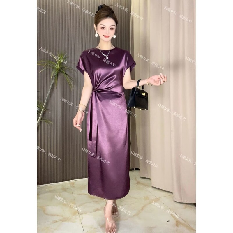 【Lace-Up Dress】High-End Luxury Design Acetate Satin Over-The-Knee Dress, Slimming and Elegant Long Dress 【Lace-Up Dress】High-End Luxury Design Acetate Satin Over-The-Knee Dress, Slimming and Elegant Long Dress