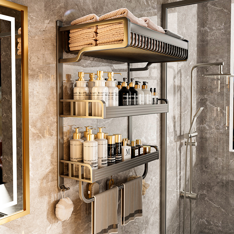 Towel Rack Integrated Bathroom Shelf, No-Drill Bathroom Rack, Toilet Shower Room Bathroom Space Aluminum Bath Towel Rack