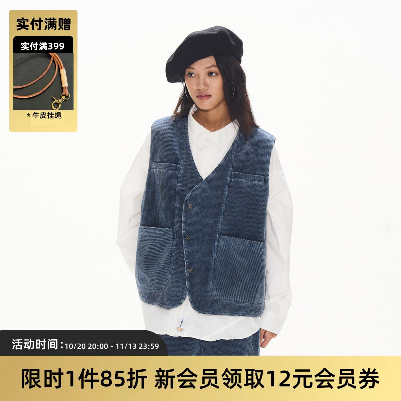 Tires 24Aw Japanese Retro Washed Corduroy Vest, Linear Blue-Dyed Loose-Fitting Vest for Autumn and Winter, Unisex
